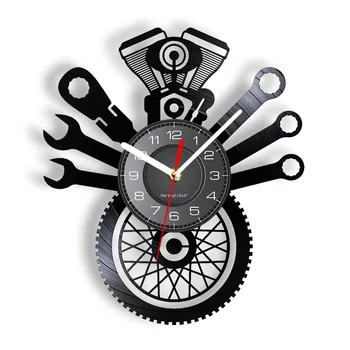 Сервис мотоциклов Ретро Настенные часы Гаражный бар Рекламная Вывеска Человек Пещера Декор Комнаты Логотип Механика Пользовательские Настенные часы для шин двигателя Изображение
