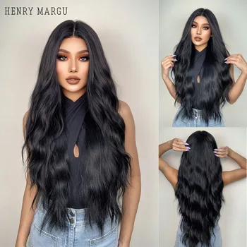 HENRY MARGU, черные синтетические парики с длинными волнами Спереди, с волосами младенца, средняя часть, Водяные Волнистые Парики для женщин, термостойкие Изображение