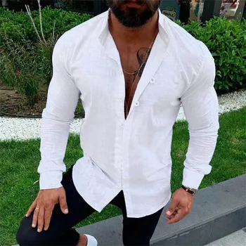 Модная мужская Повседневная Однотонная рубашка с воротником-стойкой и пуговицами, топ с длинным рукавом, блузка, Модные Рубашки, топы с 3D принтом Camisa Изображение